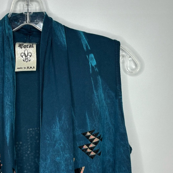 Vocal Turquoise Blue Rhinestone Studded Southwestern Fringe Open Vest - Picture 5 of 16
